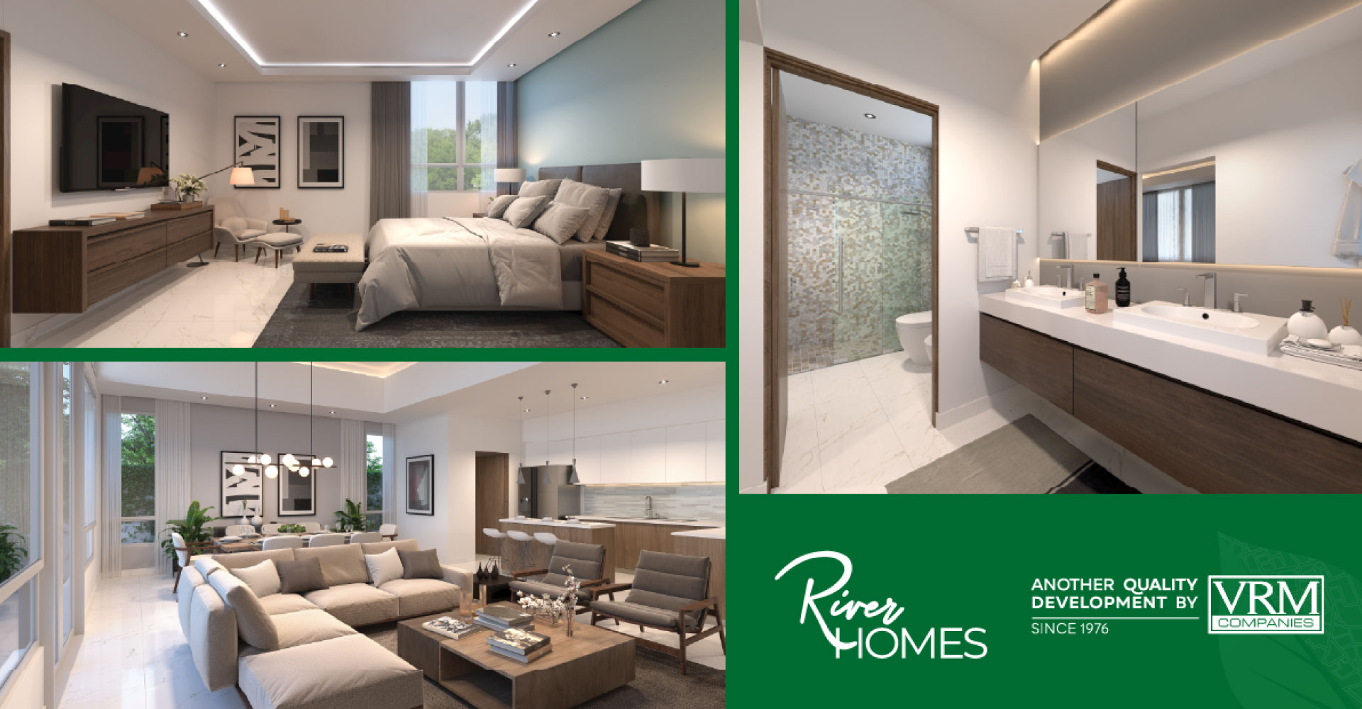 three photos of the interior of a home in the River Homes community on top of a green background and the River Homes logo on the bottom right