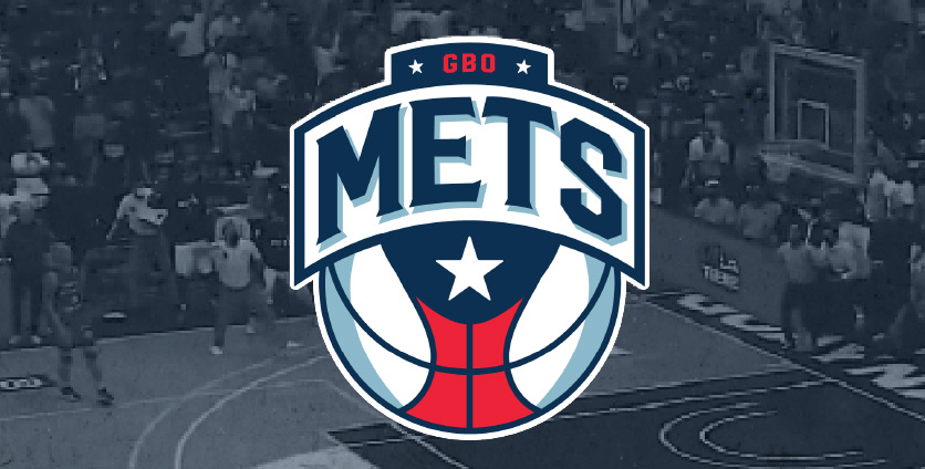 Mets logo on top of a background of a basketball game