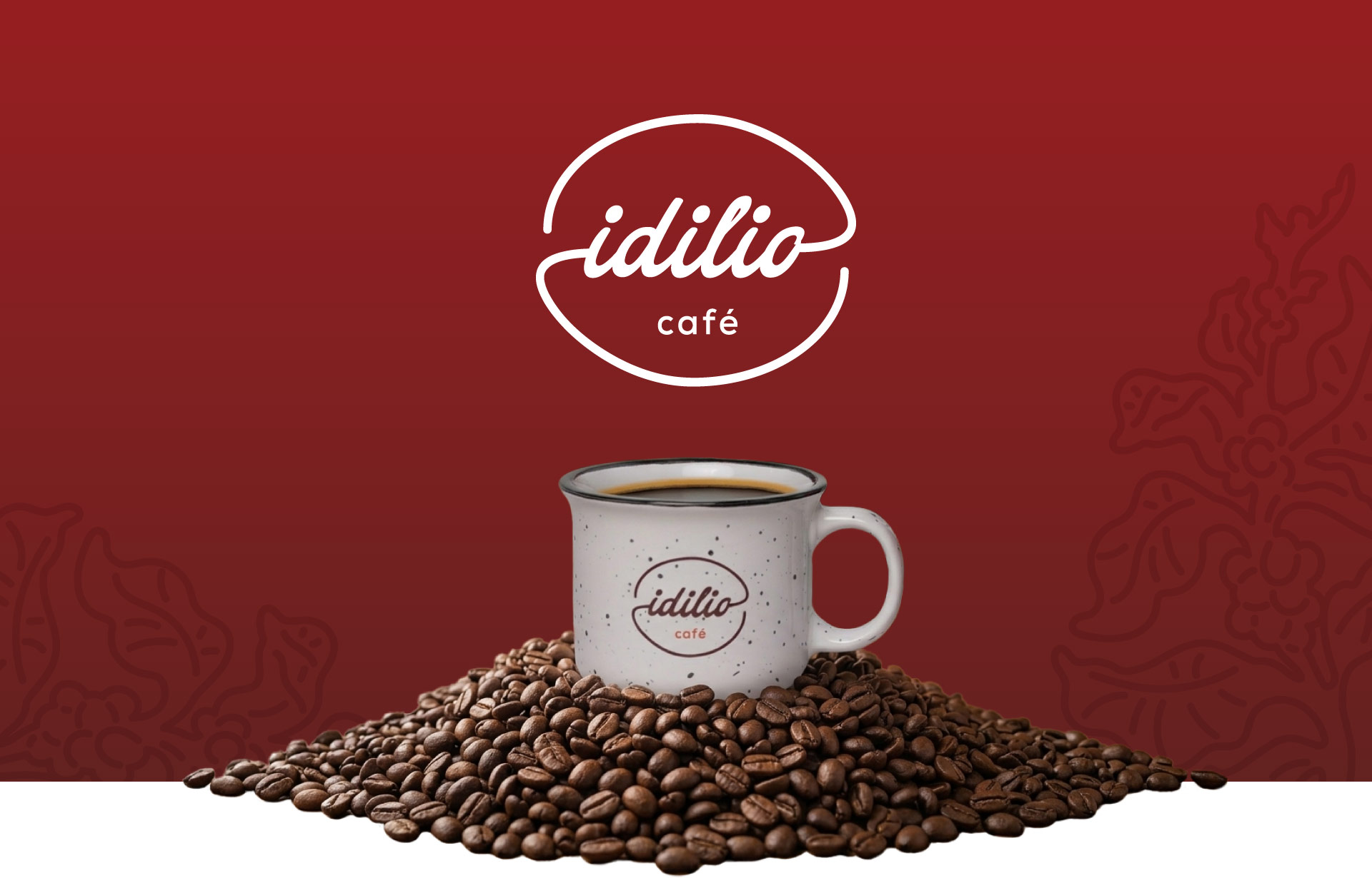 a photo of a cup of coffee on top of coffee beans on top of a red background with Idilio's logo