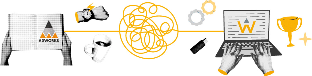 an illustration showing a book with Adworks' first logo evolving through time, a cup of coffee, into a computer with Adworks' current logo, gears and a USB drive